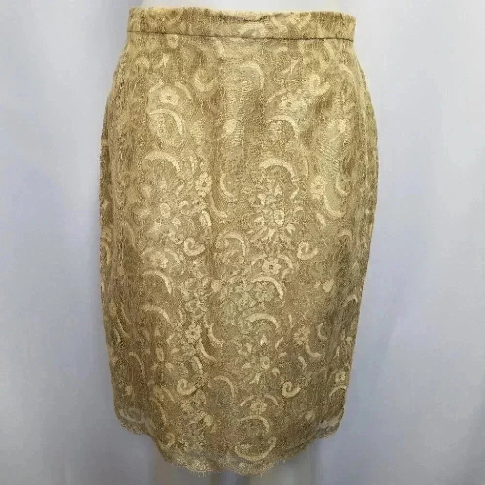 Vintage Carlisle Gold Lace Shimmer Pencil Skirt 80s 90s Small